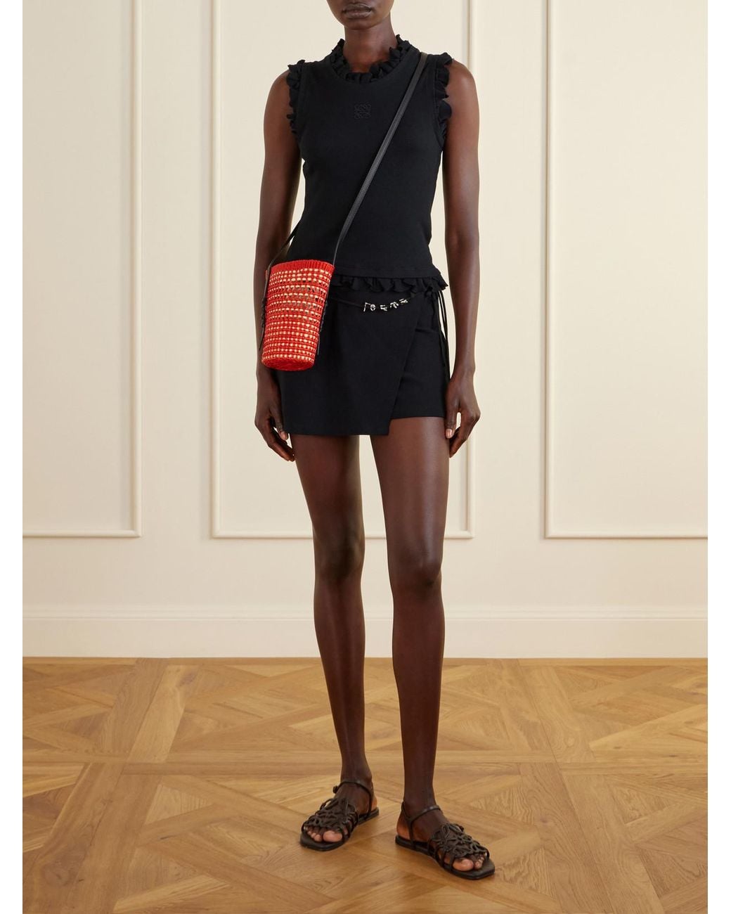Loewe Red Paula's Ibiza Braid Leather-Trimmed Raffia Shoulder Bag
