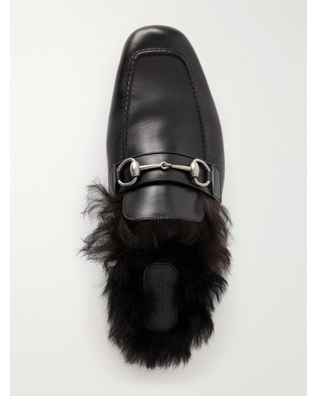 Gucci White Casanova Horsebit-Detailed Shearling-Trimmed Leather Mules