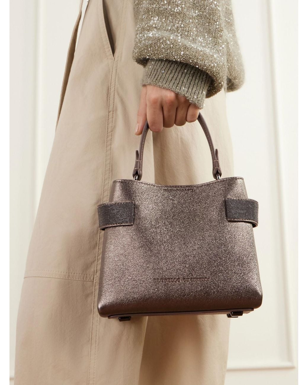 Brunello Cucinelli Brown Monili-Embellished Full-Grain Leather Top-Handle Bag