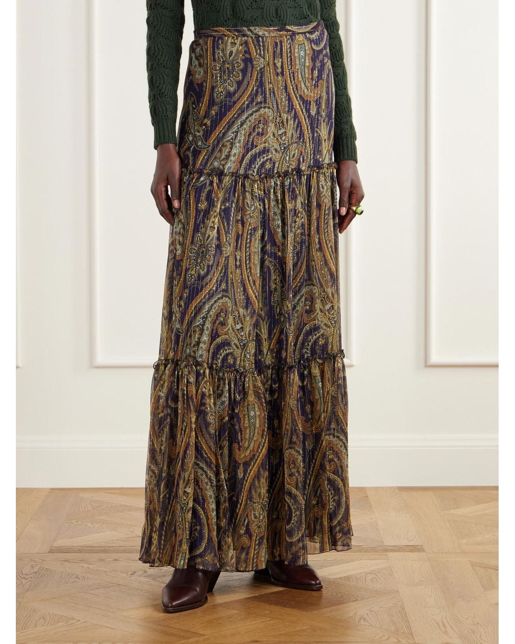 Etro Natural Tiered Paisley-Print Metallic Silk-Blend Chiffon Maxi Skirt