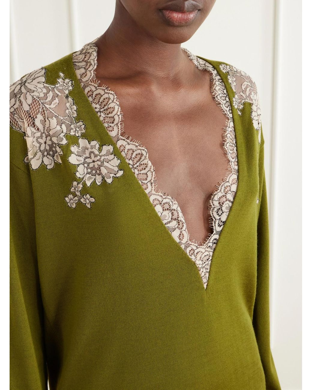 Valentino Garavani Green Lace-Trimmed Wool Sweater