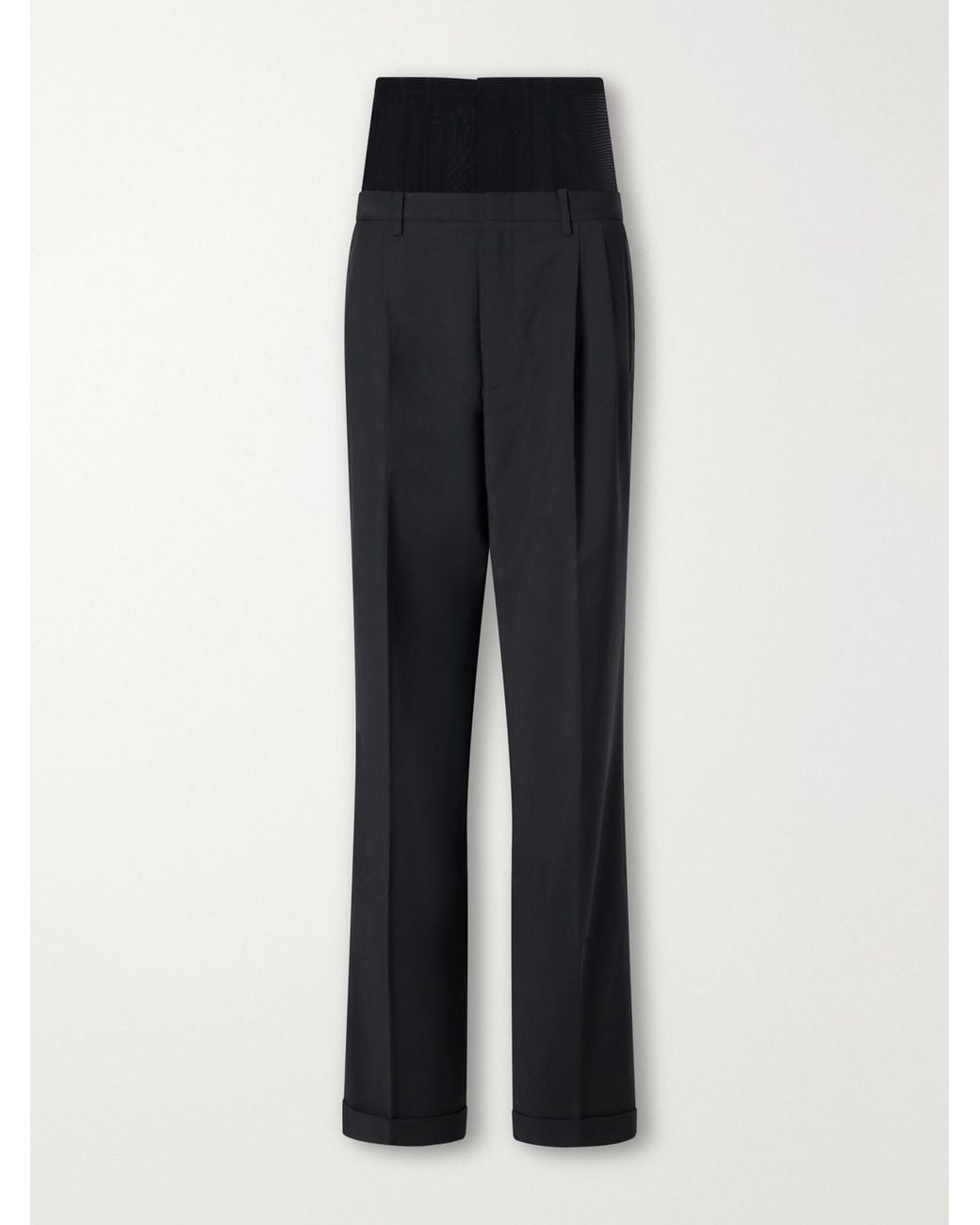Tibi Black Mesh-Trimmed Pleated Fresco Straight-Leg Pants