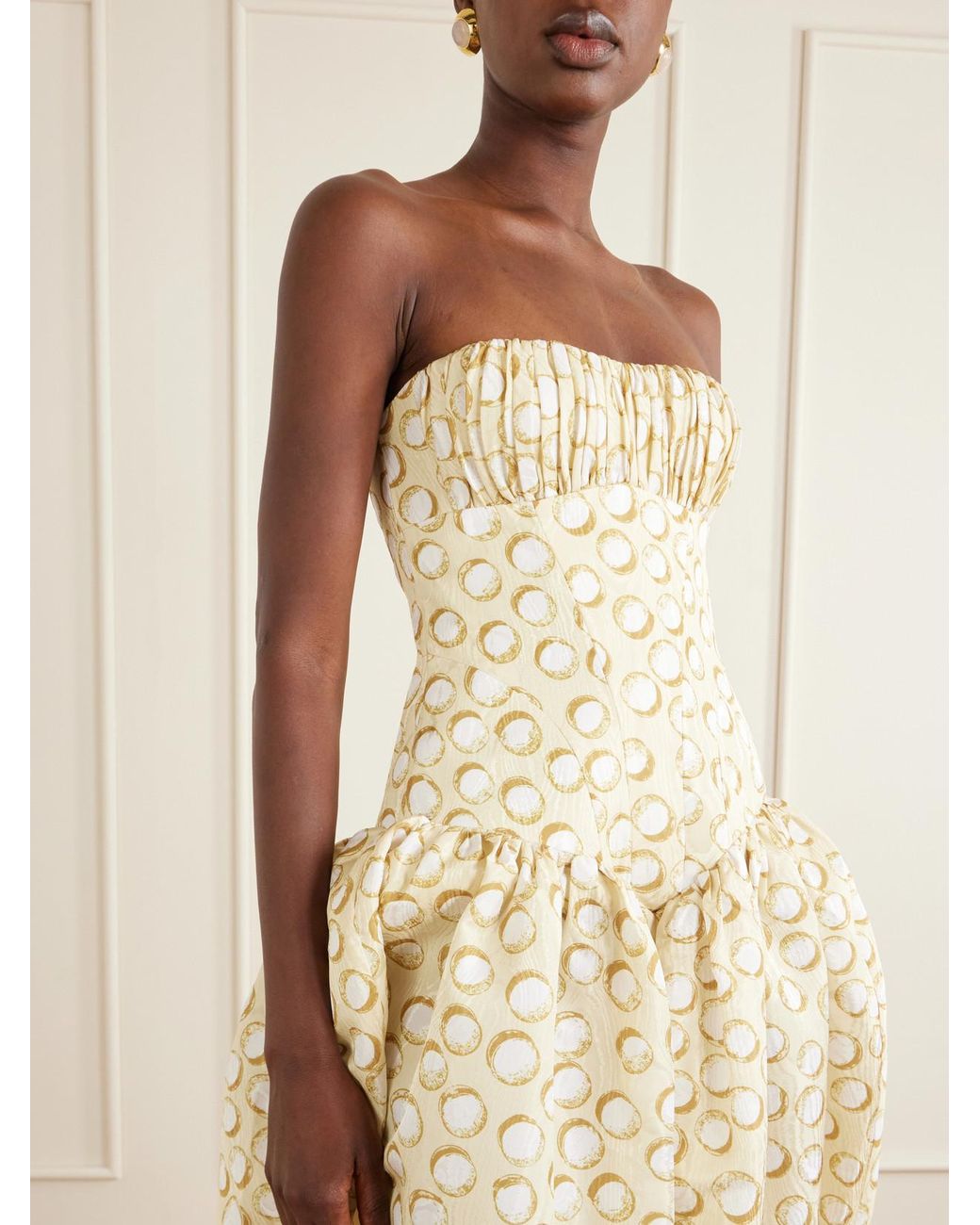 ALÉMAIS White Paula Ruched Printed Brocade Gown