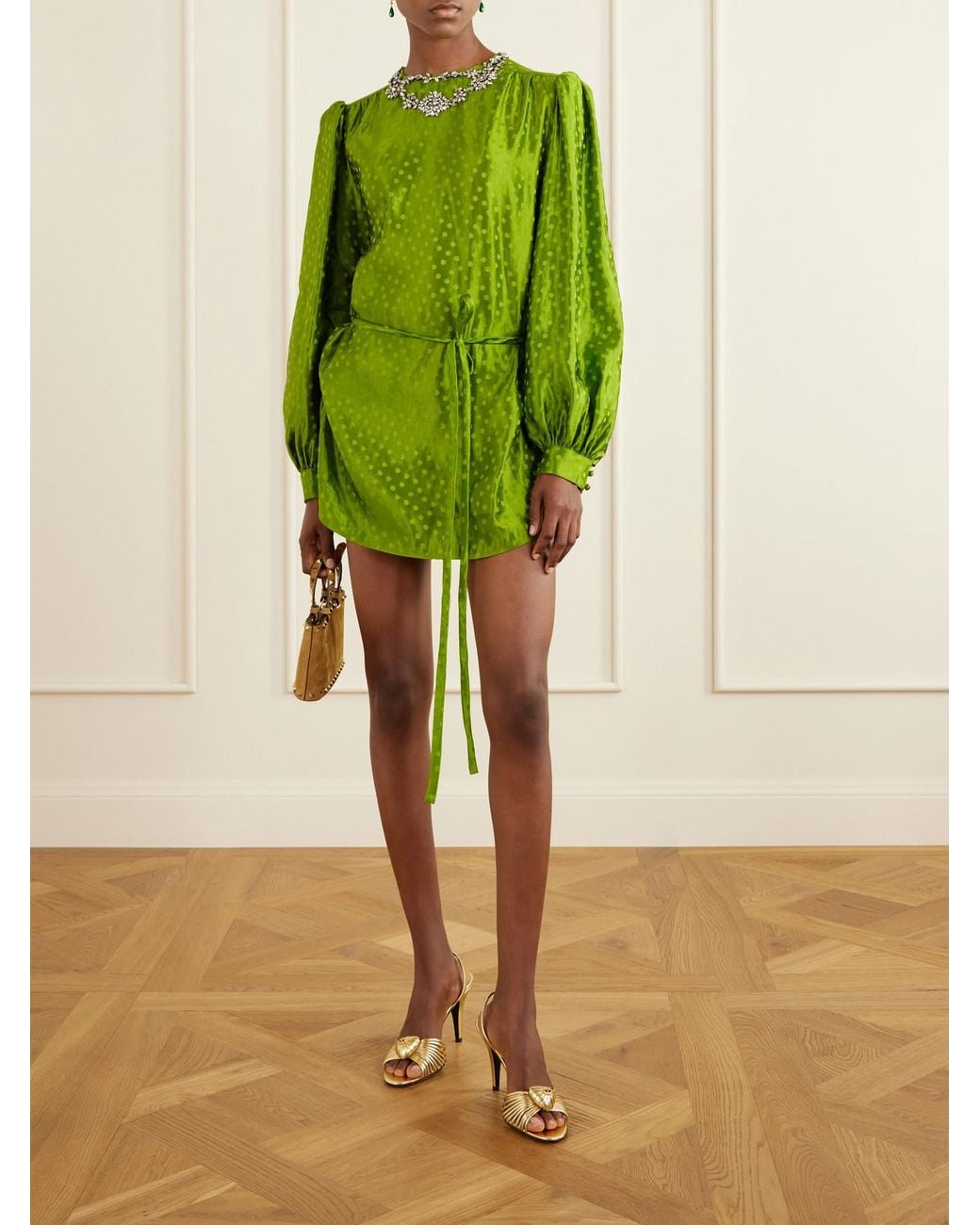 Valentino Garavani Green Belted Crystal-Embellished Polka-Dot Devoré Linen And Silk-Blend Mini Dress
