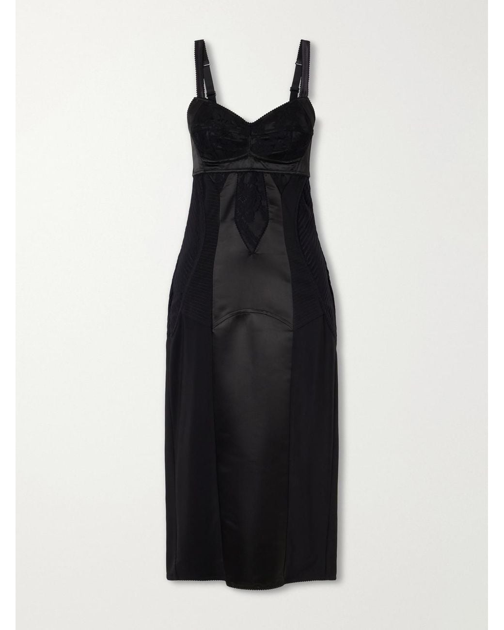 Dolce & Gabbana Black Paneled Cut-Out Lace-Trimmed Satin And Crepe Bustier Midi Dress