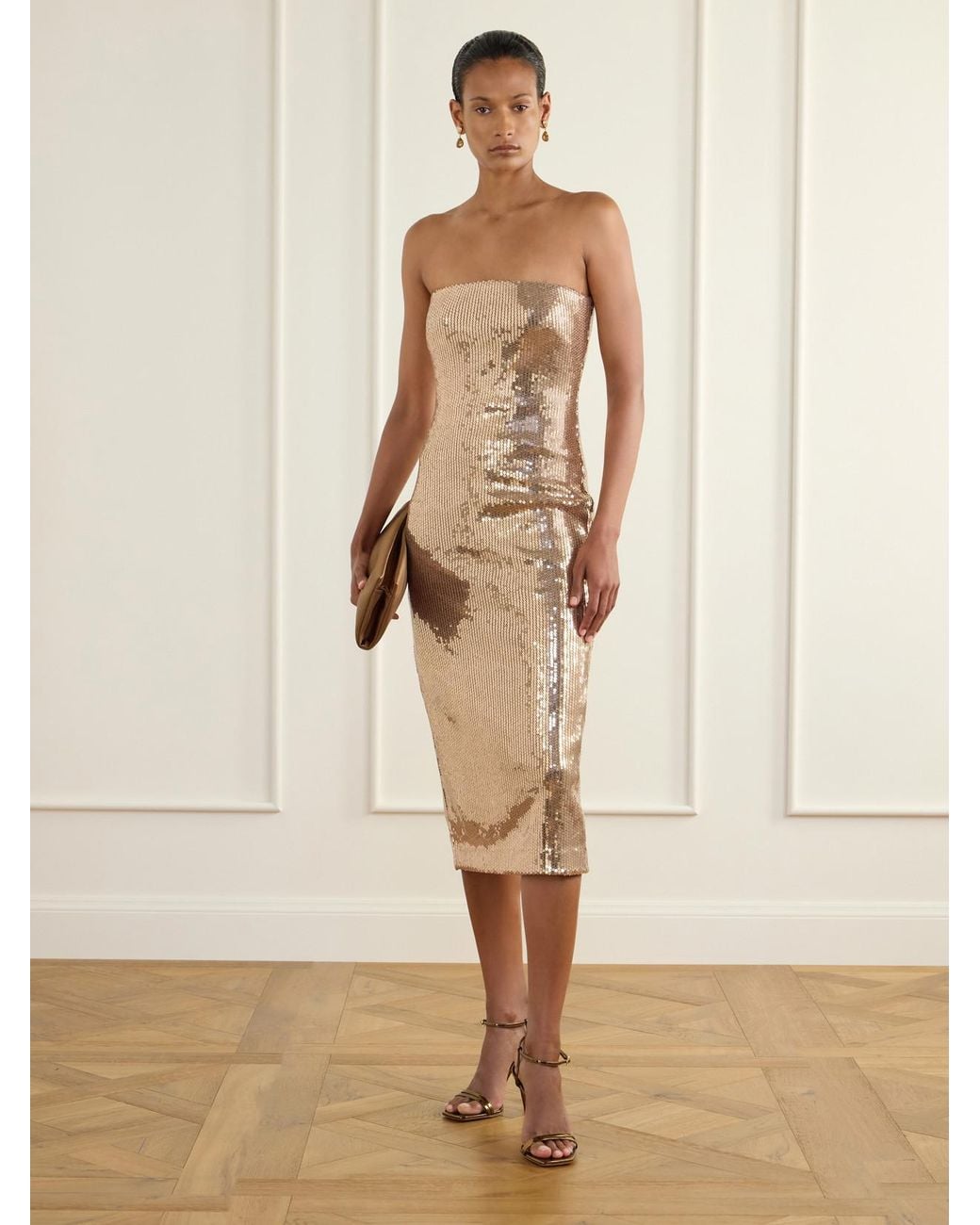 Alex Perry Natural Strapless Sequin-Embellished Midi Dress