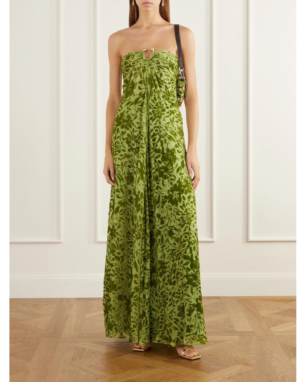 Cult Gaia Green Renay Strapless Embellished Gathered Devoré Bustier Maxi Dress