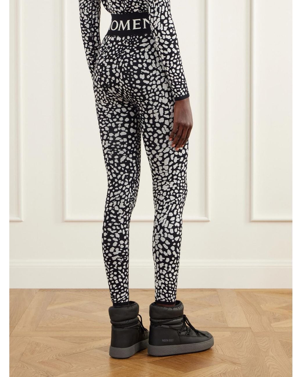 Perfect Moment Black Leopard-Jacquard Thermal Stretch-Knit Ski Leggings