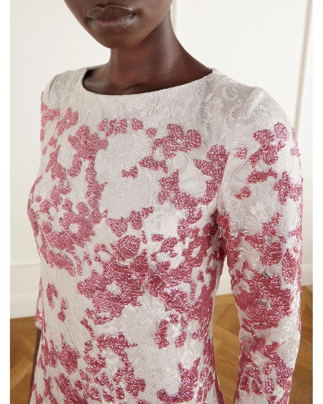 Costarellos Pink Santina Sequin-Embellished Lace Gown
