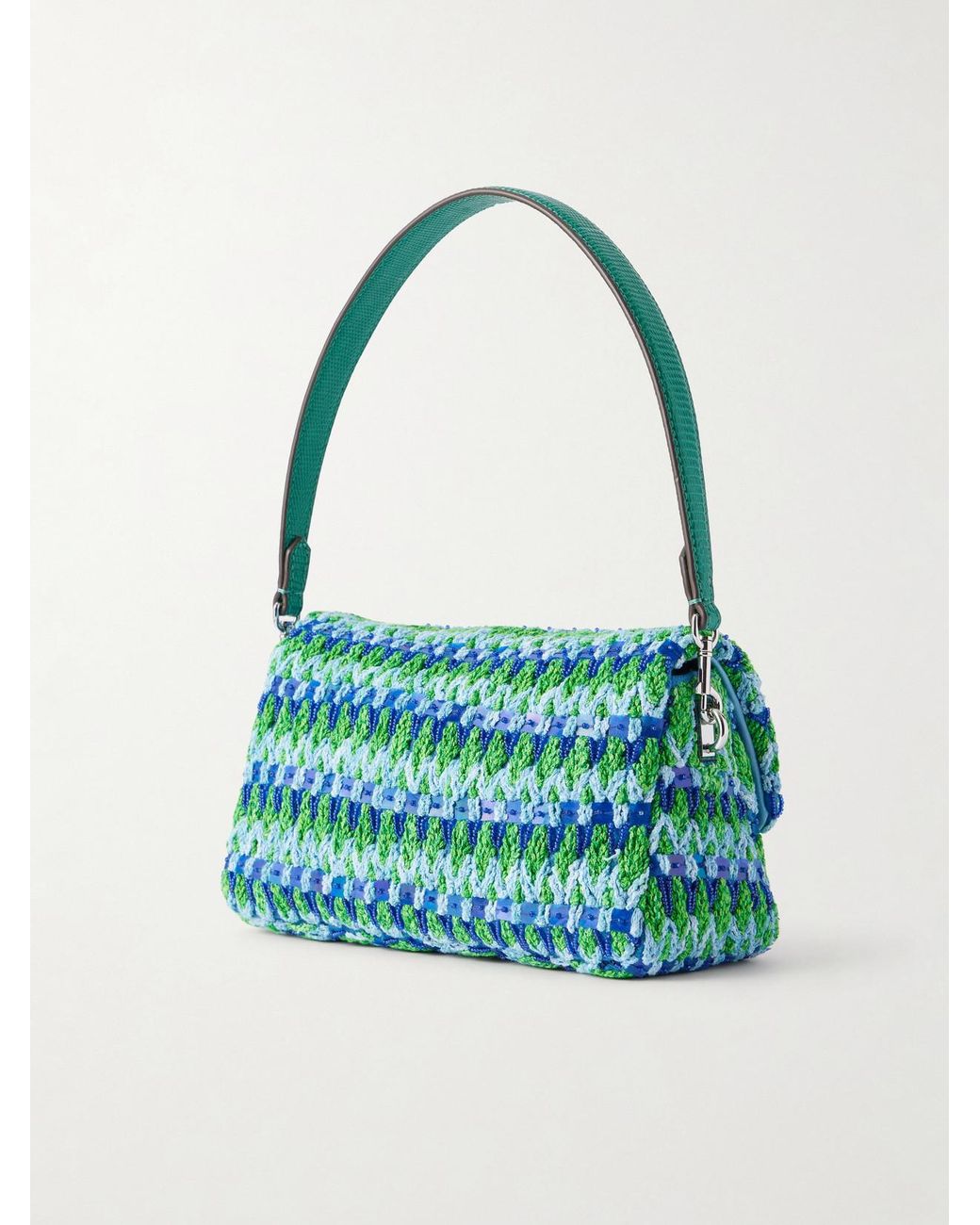 Tory Burch Blue Charlie Embellished Snake-Effect Leather-Trimmed Crocheted Shoulder Bag