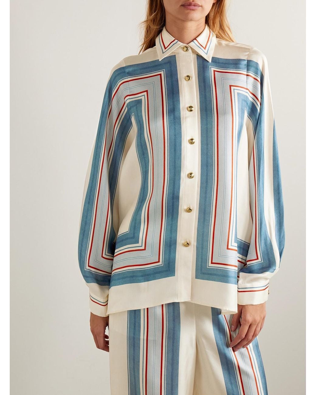Zimmermann Blue Tie-Neck Striped Silk-Twill Shirt