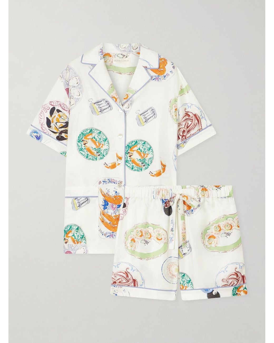 Olivia Von Halle White Ingo Printed Silk-Satin Pajama Set