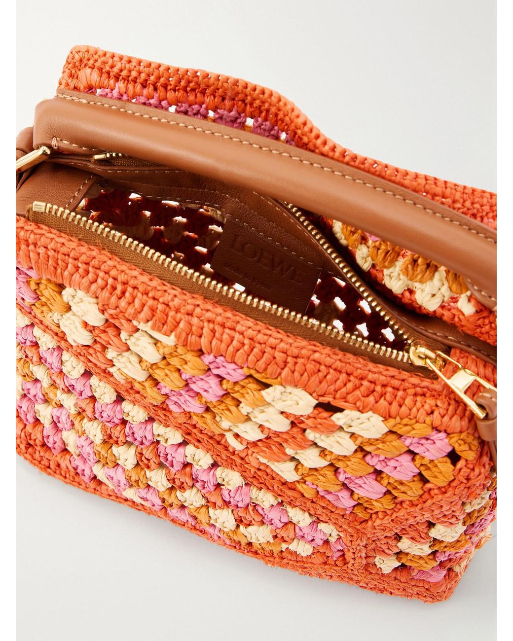 Loewe Orange Paula's Ibiza Puzzle Edge Mini Leather-Trimmed Crocheted Raffia Shoulder Bag