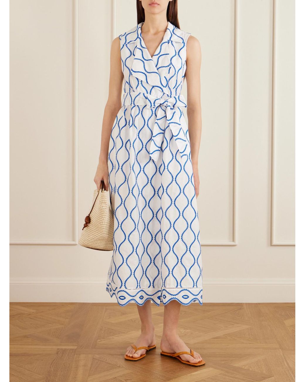 Loretta Caponi Blue Noemie Double-Breasted Striped Cotton-Poplin Midi Dress
