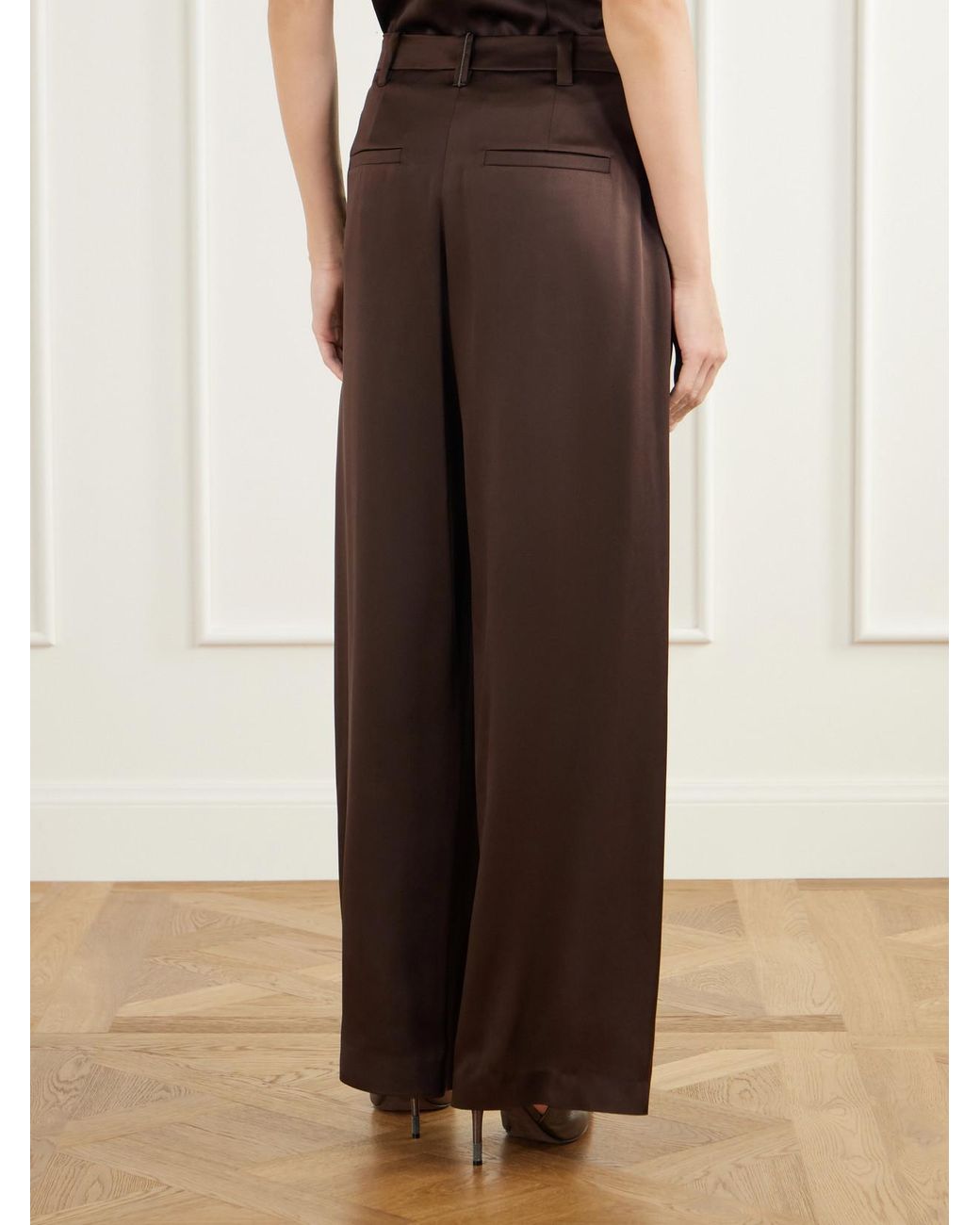 Brunello Cucinelli Brown Silk-Satin Wide-Leg Pants