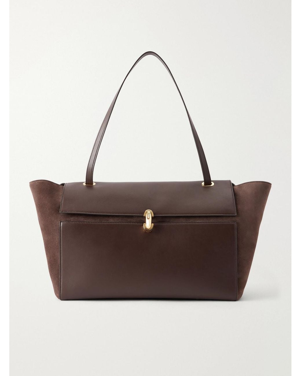 SAVETTE Brown Trapeze Leather-Trimmed Suede Shoulder Bag