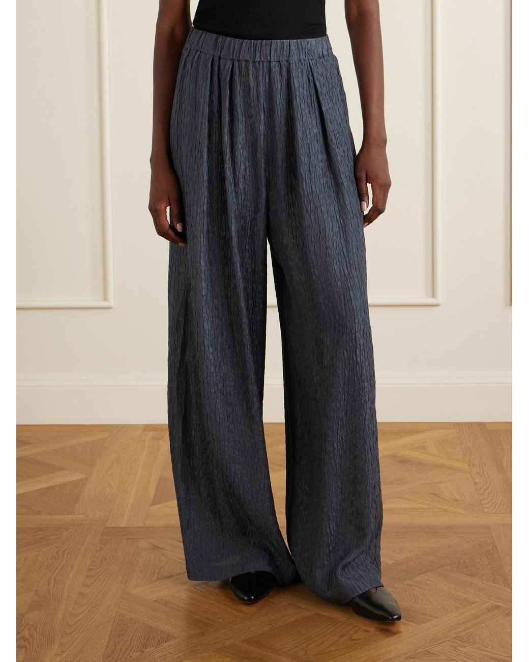 Cortana Blue Anhelo Crinkled Silk-Charmeuse Wide-Leg Pants