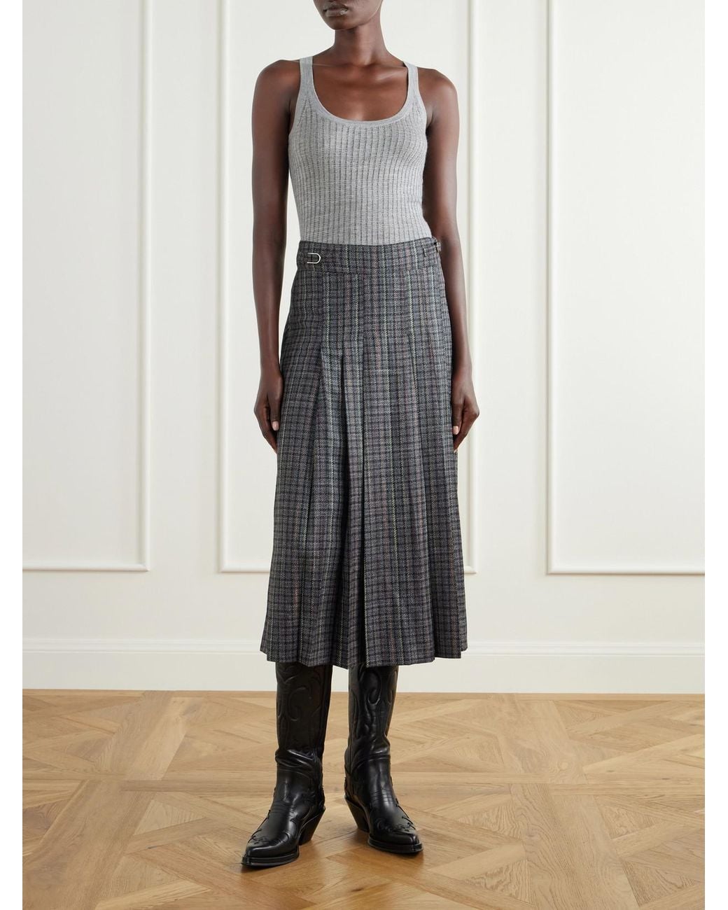 Gabriela Hearst Gray Wesley Pleated Houndstooth Wool And Cashmere-Blend Twill Midi Skirt