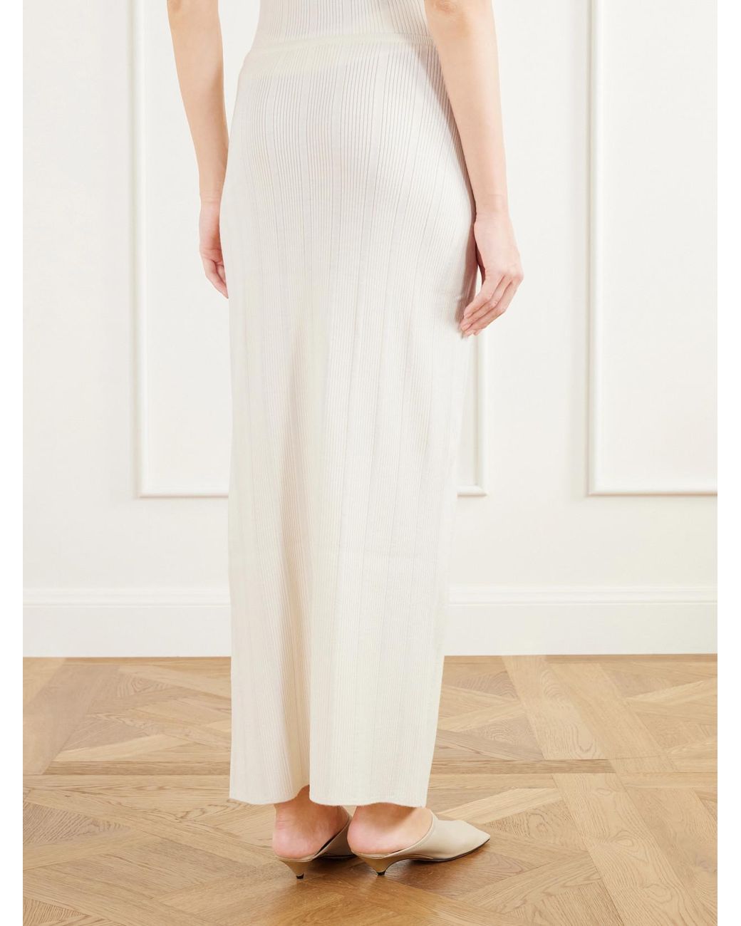 Colleen Allen White Ribbed-Knit Merino Wool Maxi Skirt