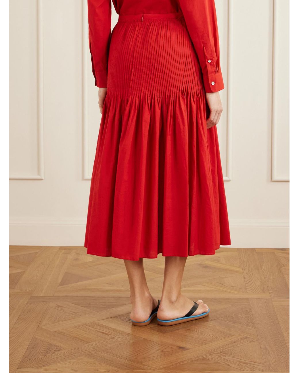 Auralee Red Pleated Cotton-Poplin Midi Skirt