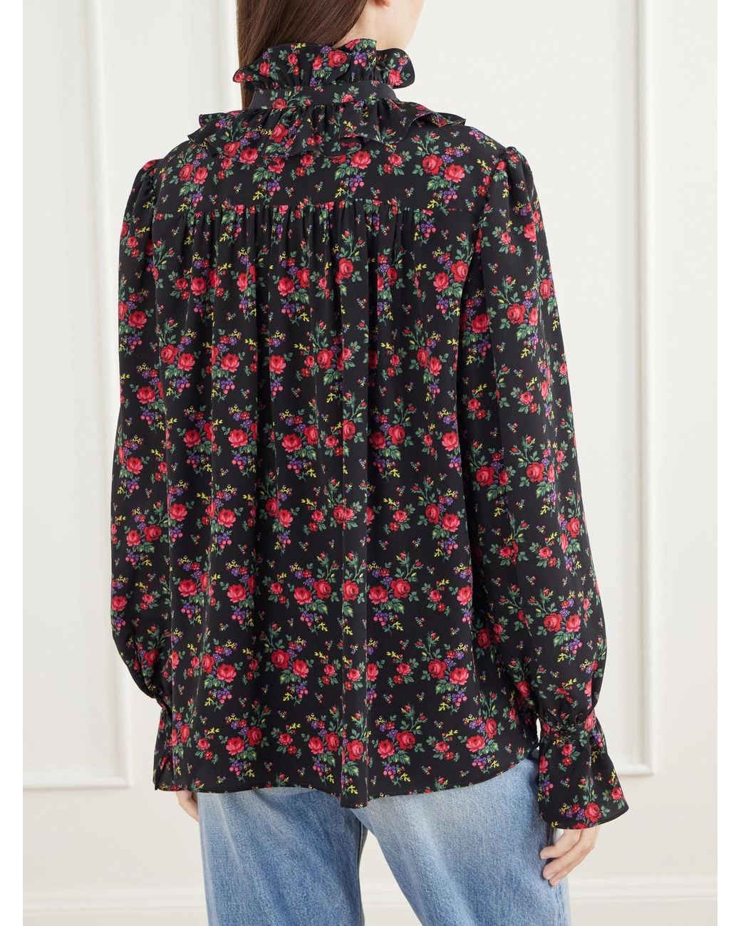 Chloé Black Ruffled-Collar Floral-Print Silk Crepe De Chine Blouse