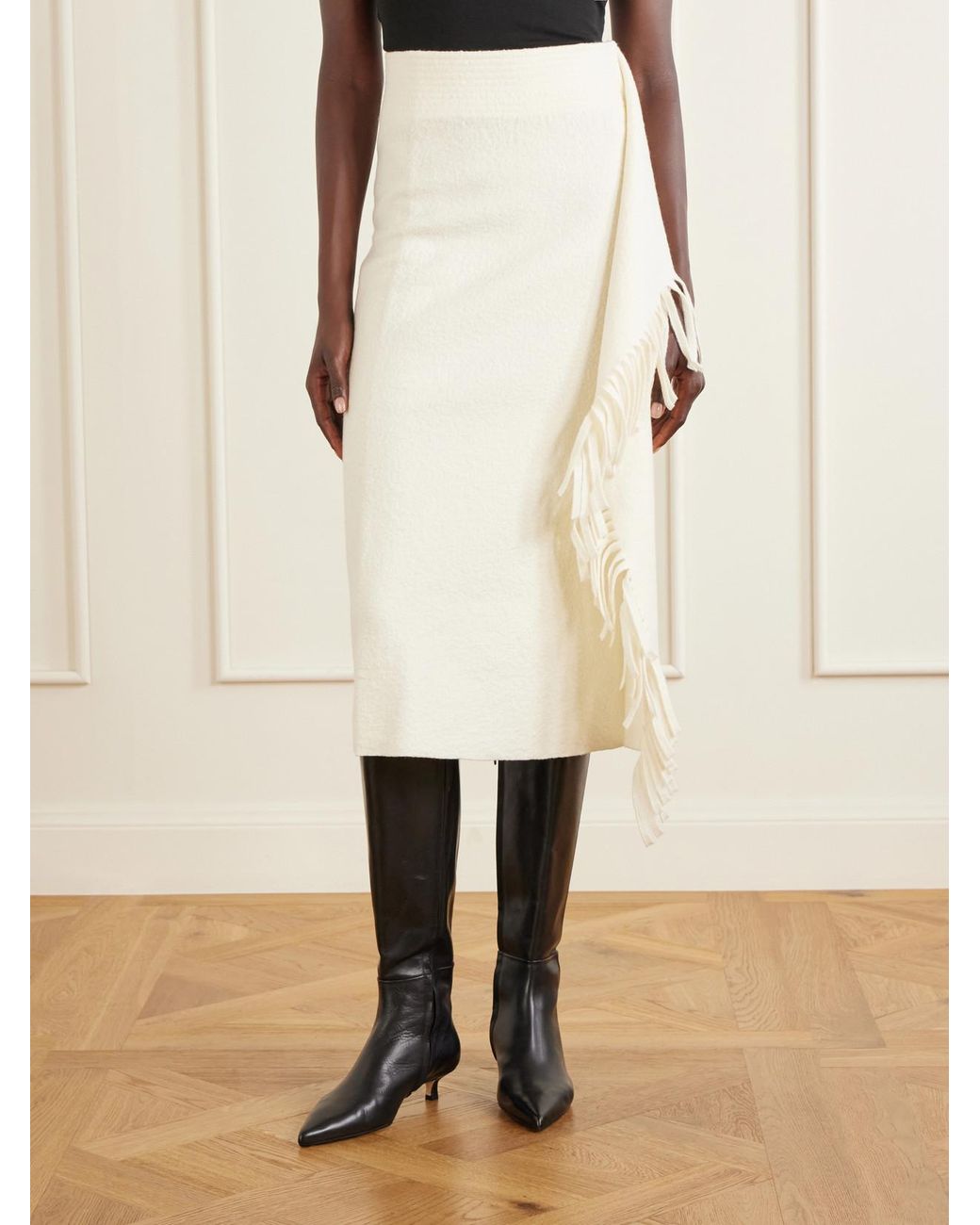 Lanvin White Fringed Wool-Blend Midi Skirt