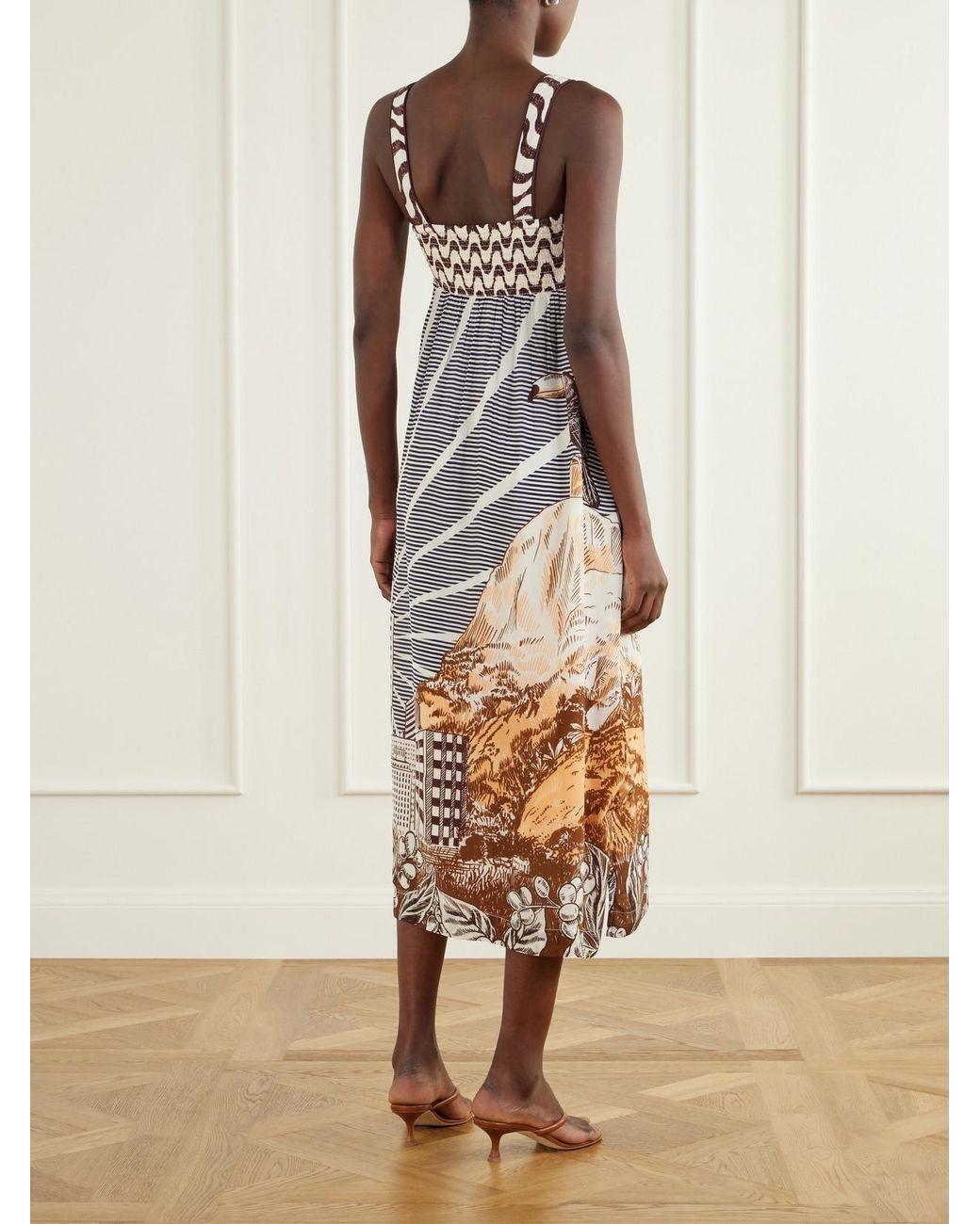 Farm Rio White Mixed Carioca Coffee Scarves Printed Voile Midi Dress