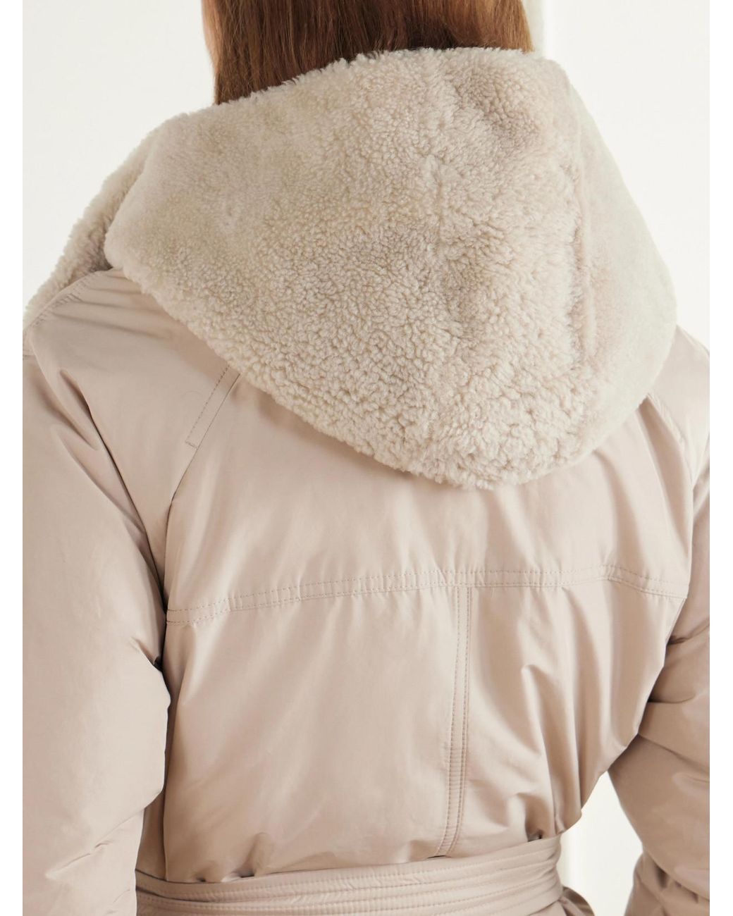 Brunello Cucinelli Natural Hooded Belted Plush-Trimmed Cotton-Blend Shell Down Coat