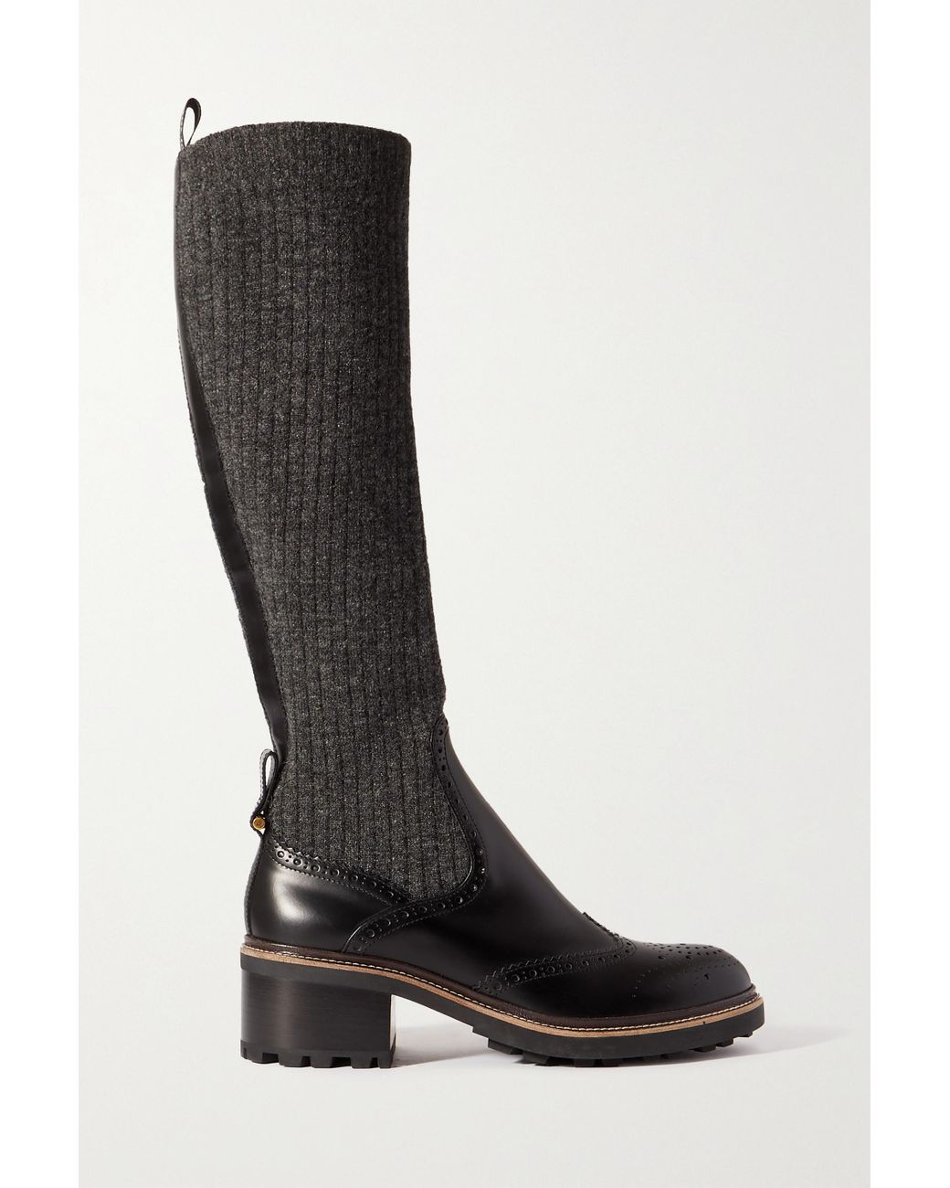 chloe black glitter knitted heeled knee high boots