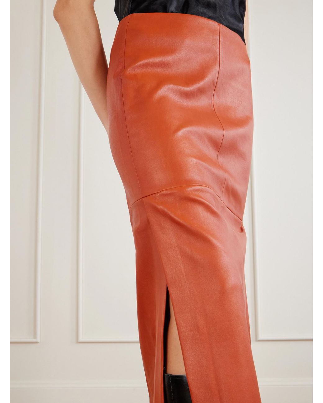 Stouls Orange Winona Leather Midi Skirt