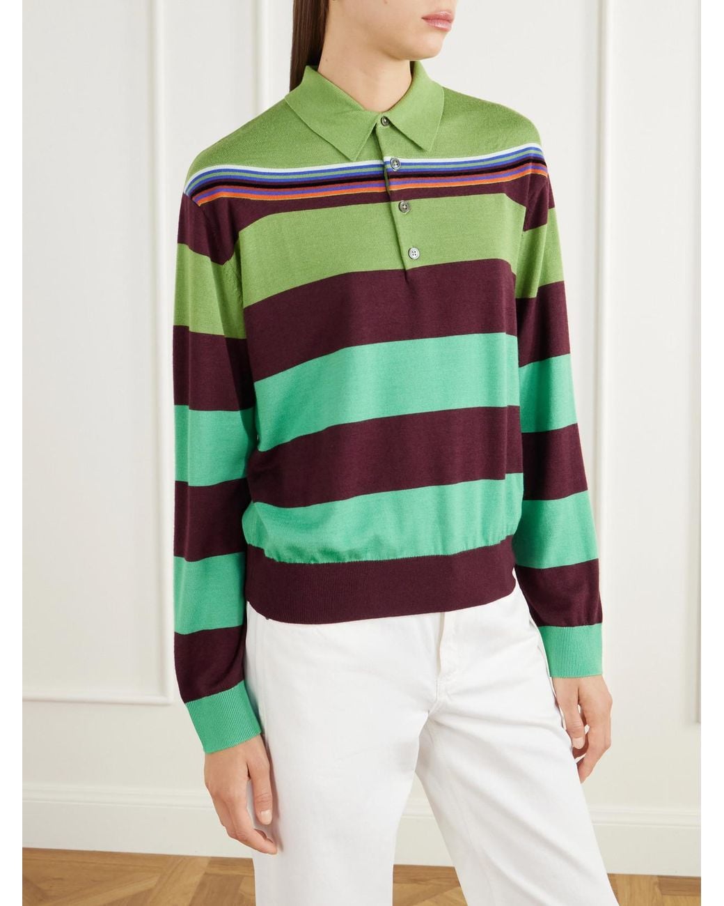 Christopher John Rogers Green Striped Wool And Silk Blend Polo Shirt
