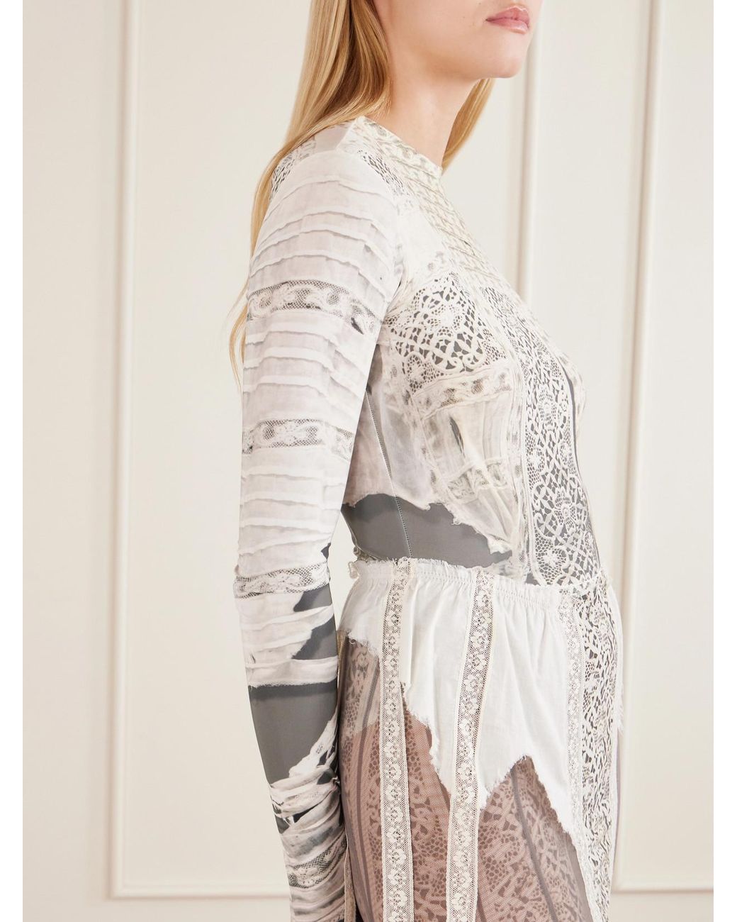 Dilara Findikoglu Natural Past Edges Printed Lace-Trimmed Stretch-Jersey Bodysuit