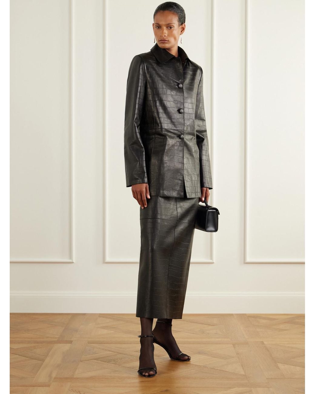 Nour Hammour Black Elyse Paneled Croc-Effect Leather Midi Skirt
