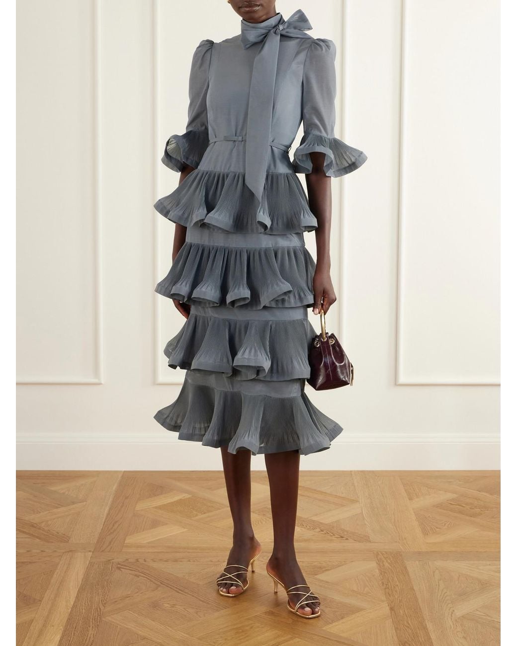 Zimmermann Blue Pussy-Bow Ruched Tiered Plissè Organza Midi Dress