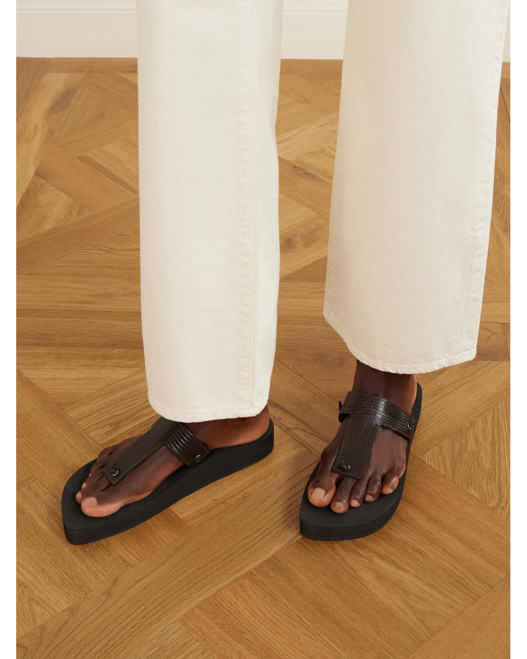 Christen Brown Edge Lizard-Effect Leather Flip Flops