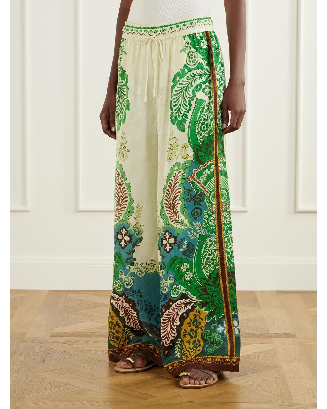 ALÉMAIS Green Florence Drawstring Floral-Print Satin-Jacquard Wide-Leg Pants