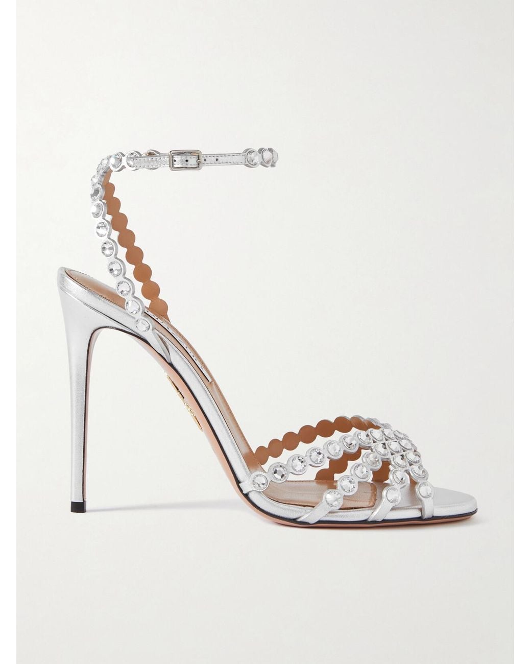 Aquazzura White Tequila 105 Crystal-Embellished Metallic Leather Sandals