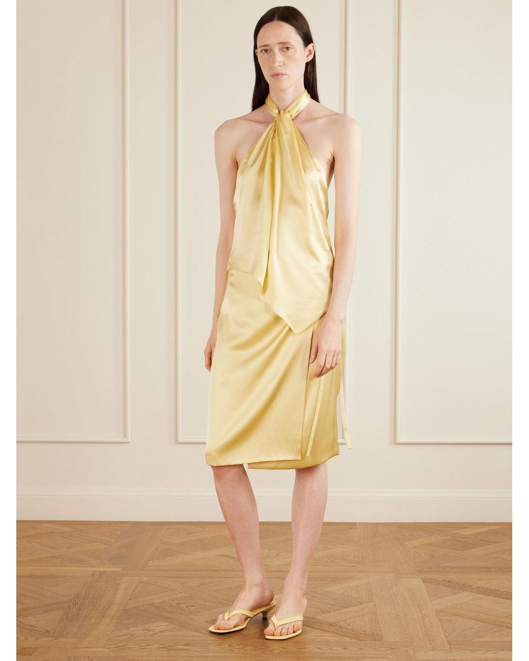 Aflalo Yellow Safira Silk-Satin Halterneck Top