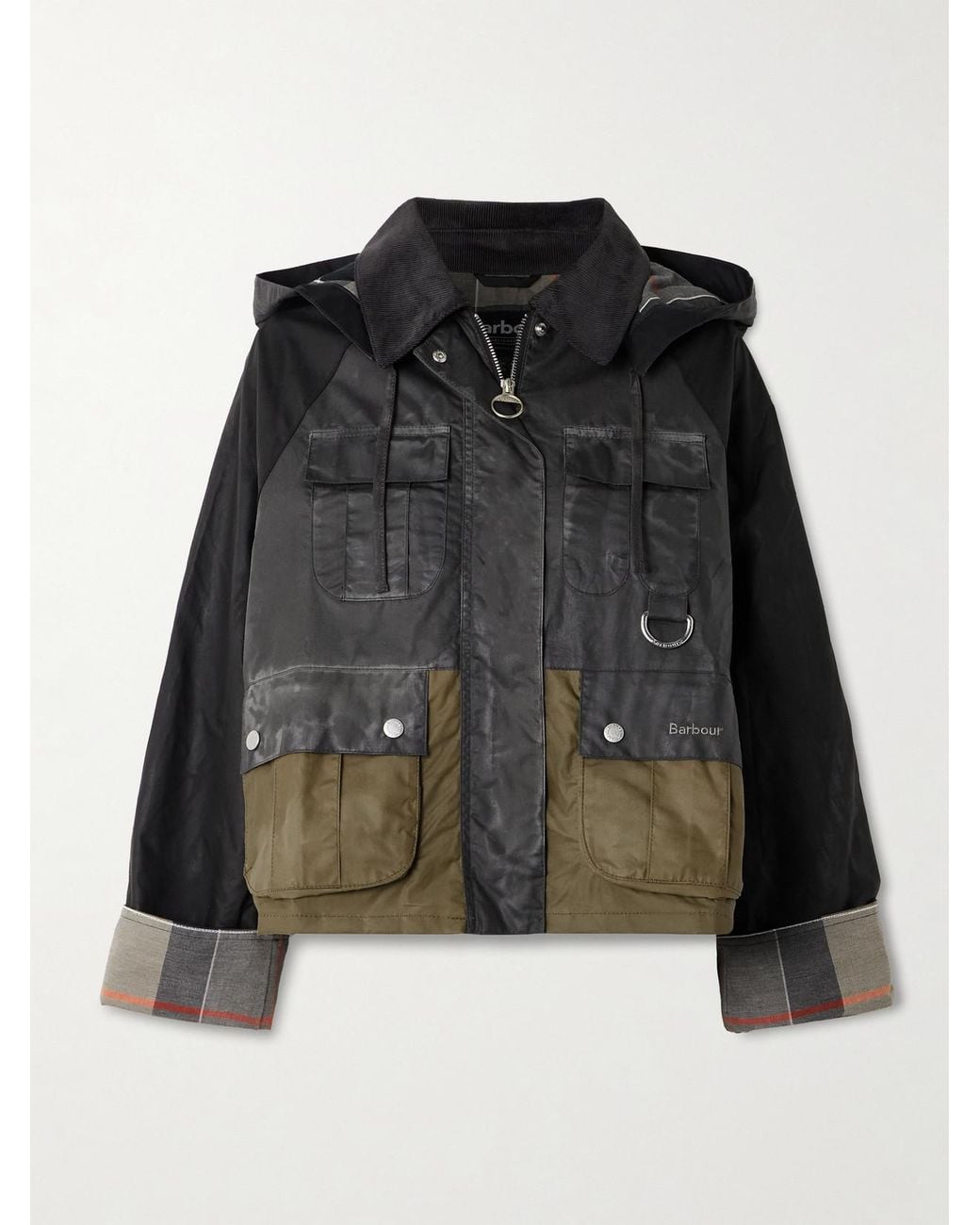 Barbour Black Liza Hooded Paneled Waxed-Cotton Jacket