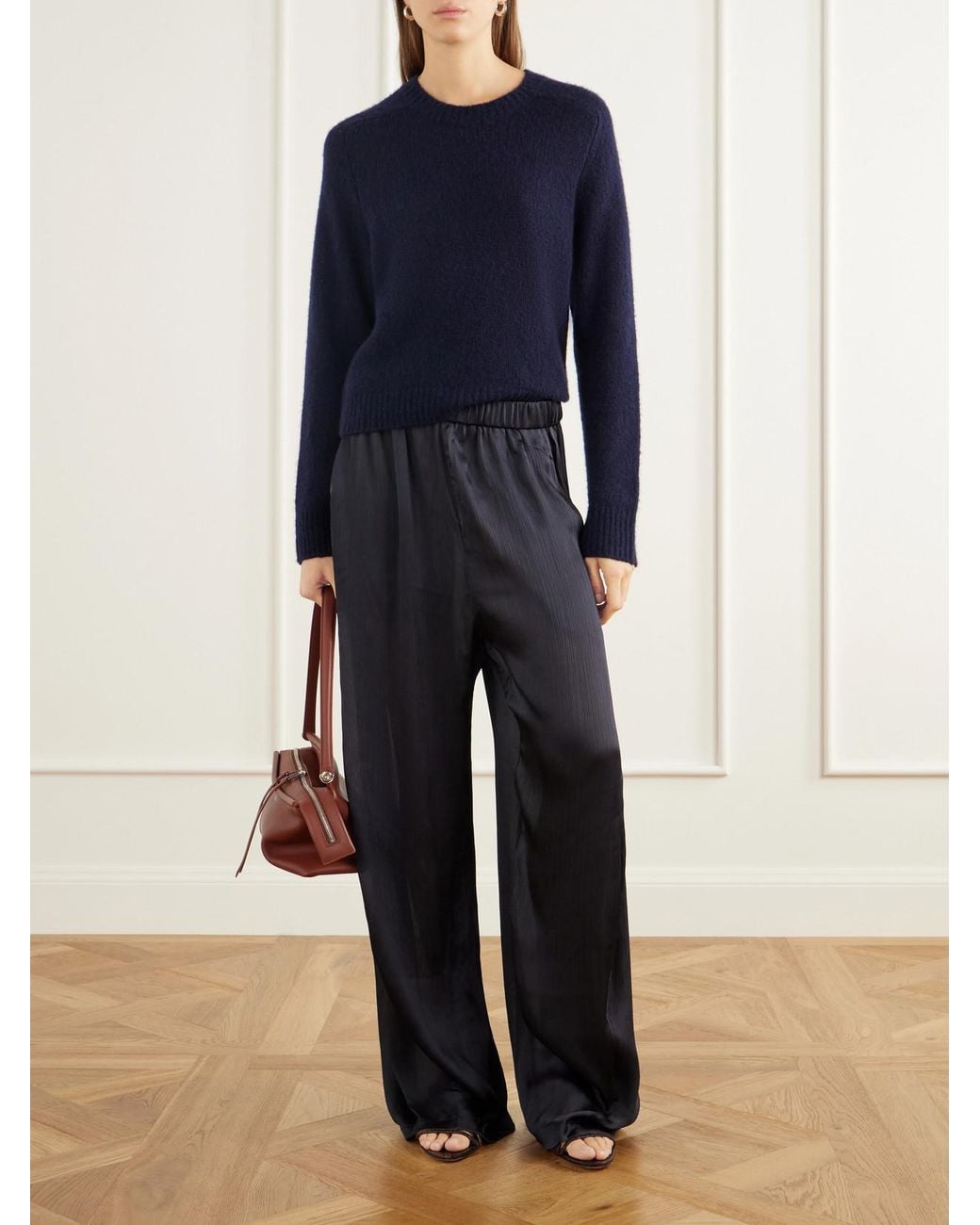 Tibi Blue Winslow Plissé-Satin Wide-Leg Pants