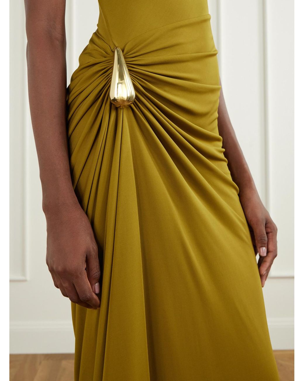 Bottega Veneta Metallic Gathered Embellished Crepe-Jersey Maxi Dress