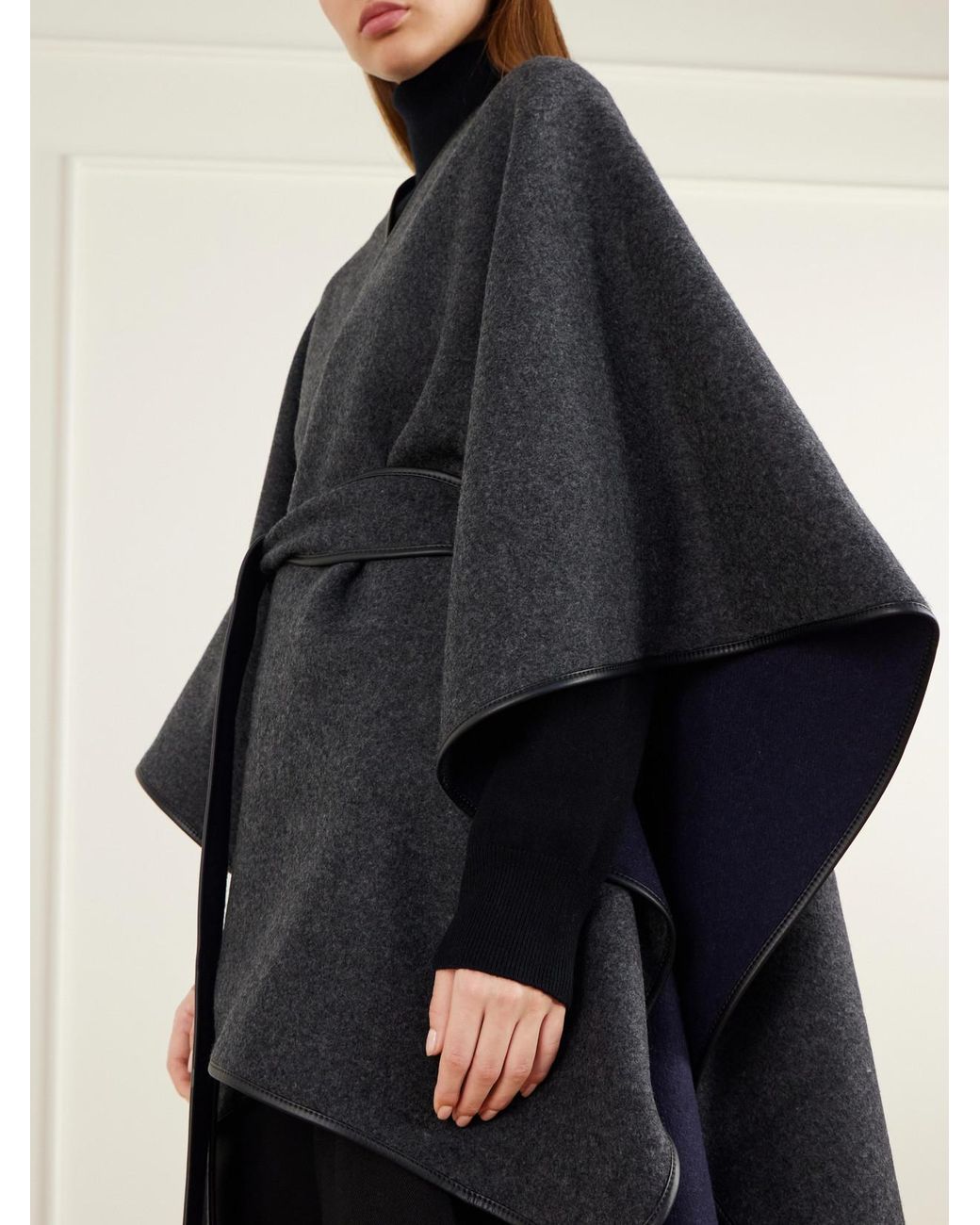 Johnstons Black Dalry Belted Leather-Trimmed Two-Tone Wool And Cashmere-Blend Cape