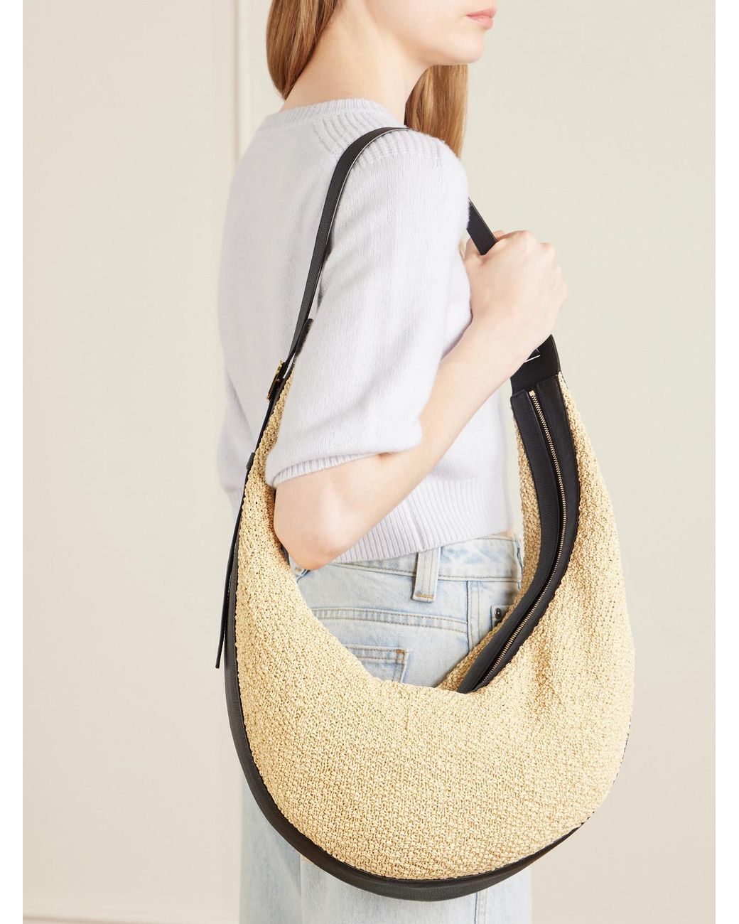 Khaite Natural Augustina Leather-Trimmed Raffia Shoulder Bag