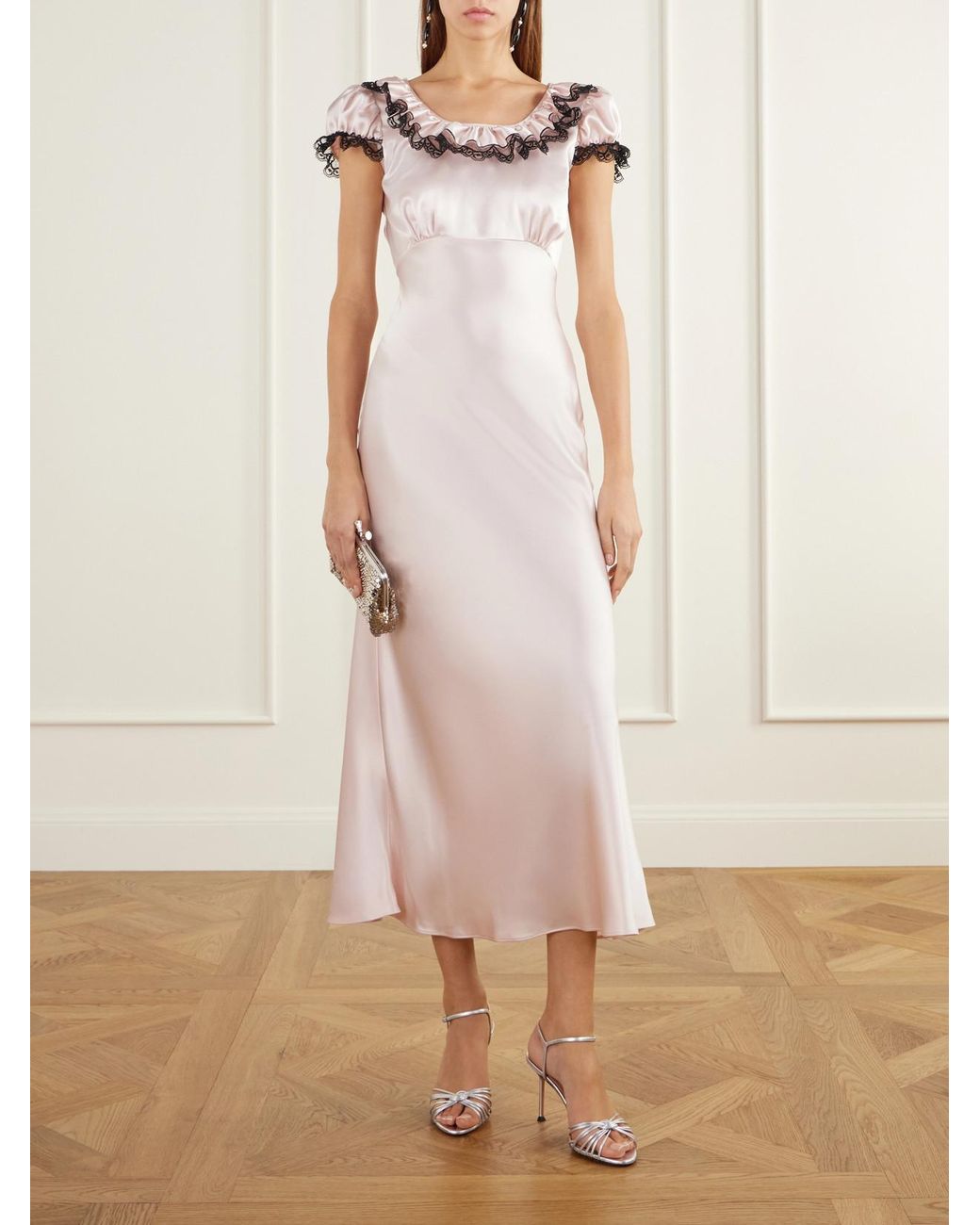 Rodarte Pink Ruffled Lace-Trimmed Satin Midi Dress