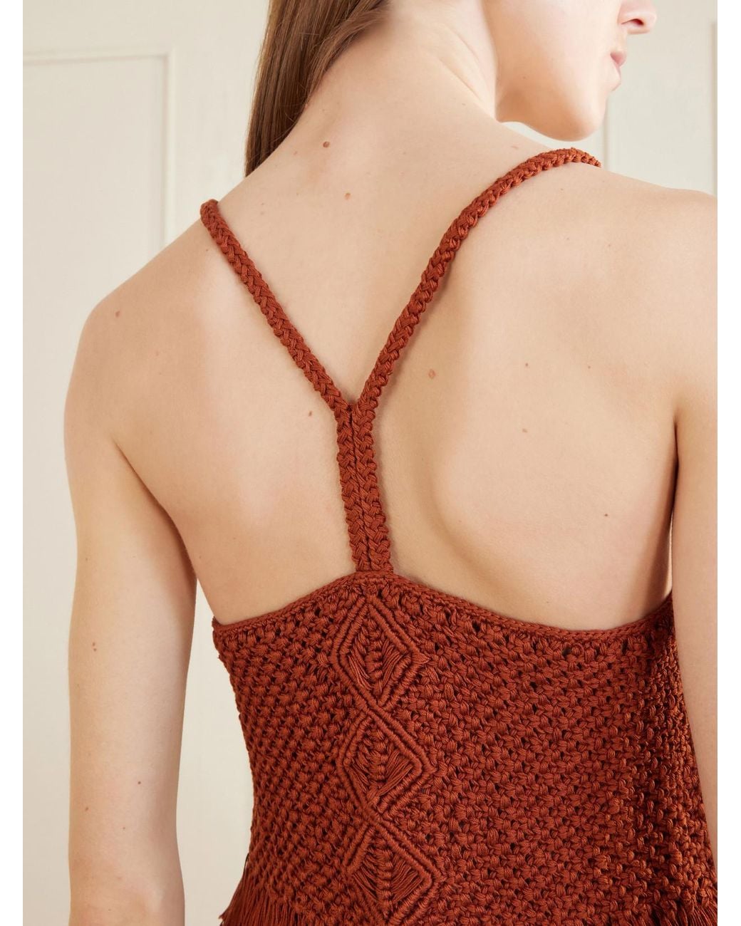 Escvdo Red Cantor Fringed Macramè Cotton Top