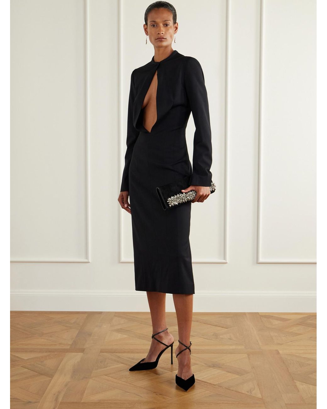 Colleen Allen Black Cut-Out Stretch Wool-Blend Midi Dress