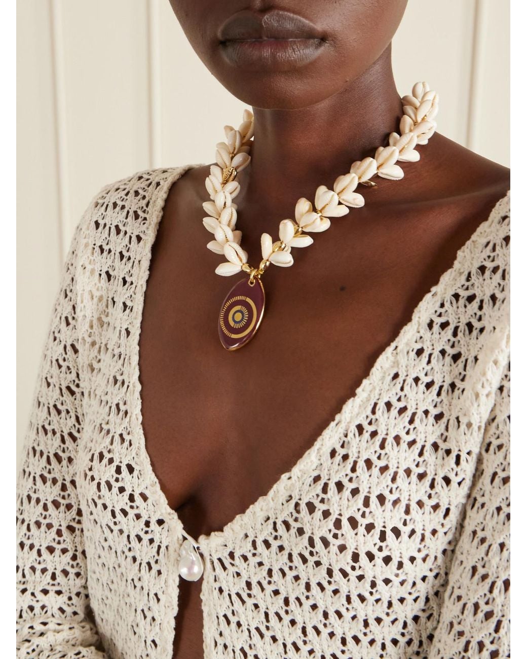Tohum Design White Plated, Seashell And Ceramic Necklace
