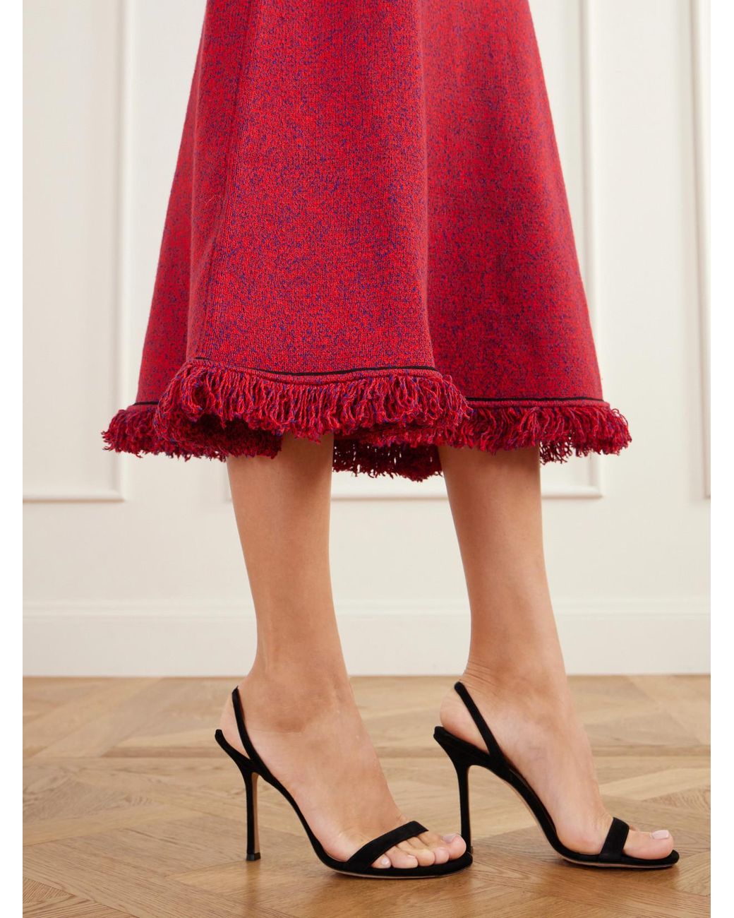 Self-Portrait Red Frayed Bouclé-Knit Midi Skirt