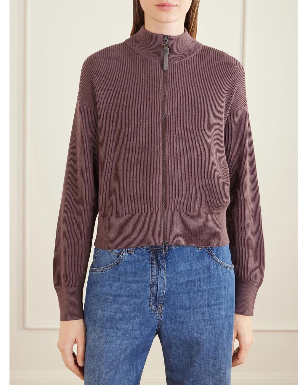 Brunello Cucinelli Purple Ribbed Cotton Zip-Up Turtleneck Cardigan