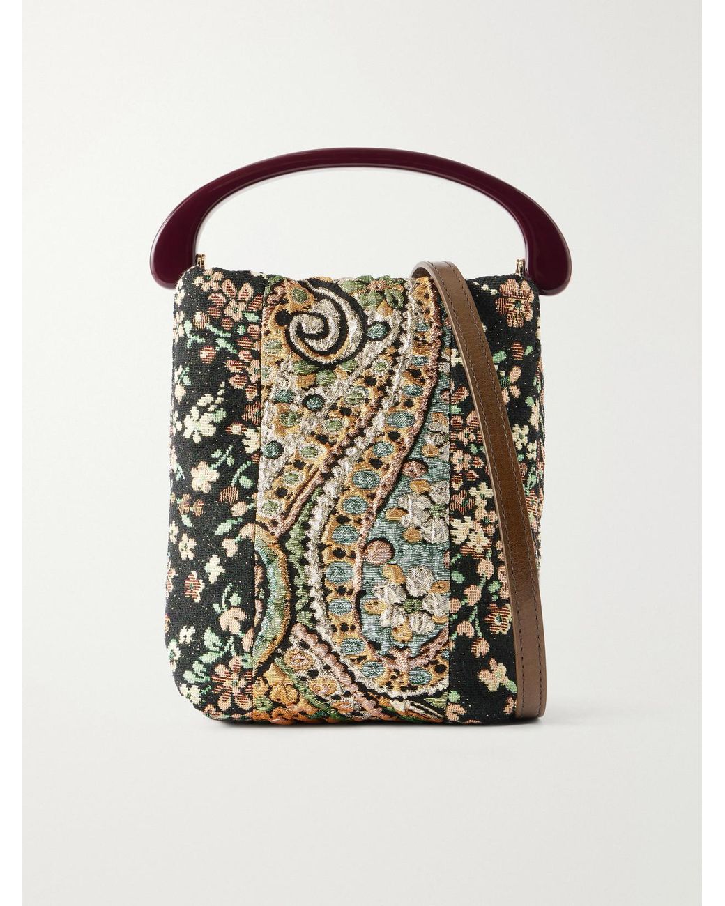 Dries Van Noten Brown Leather-Trimmed Metallic Floral-Jacquard Top-Handle Bag
